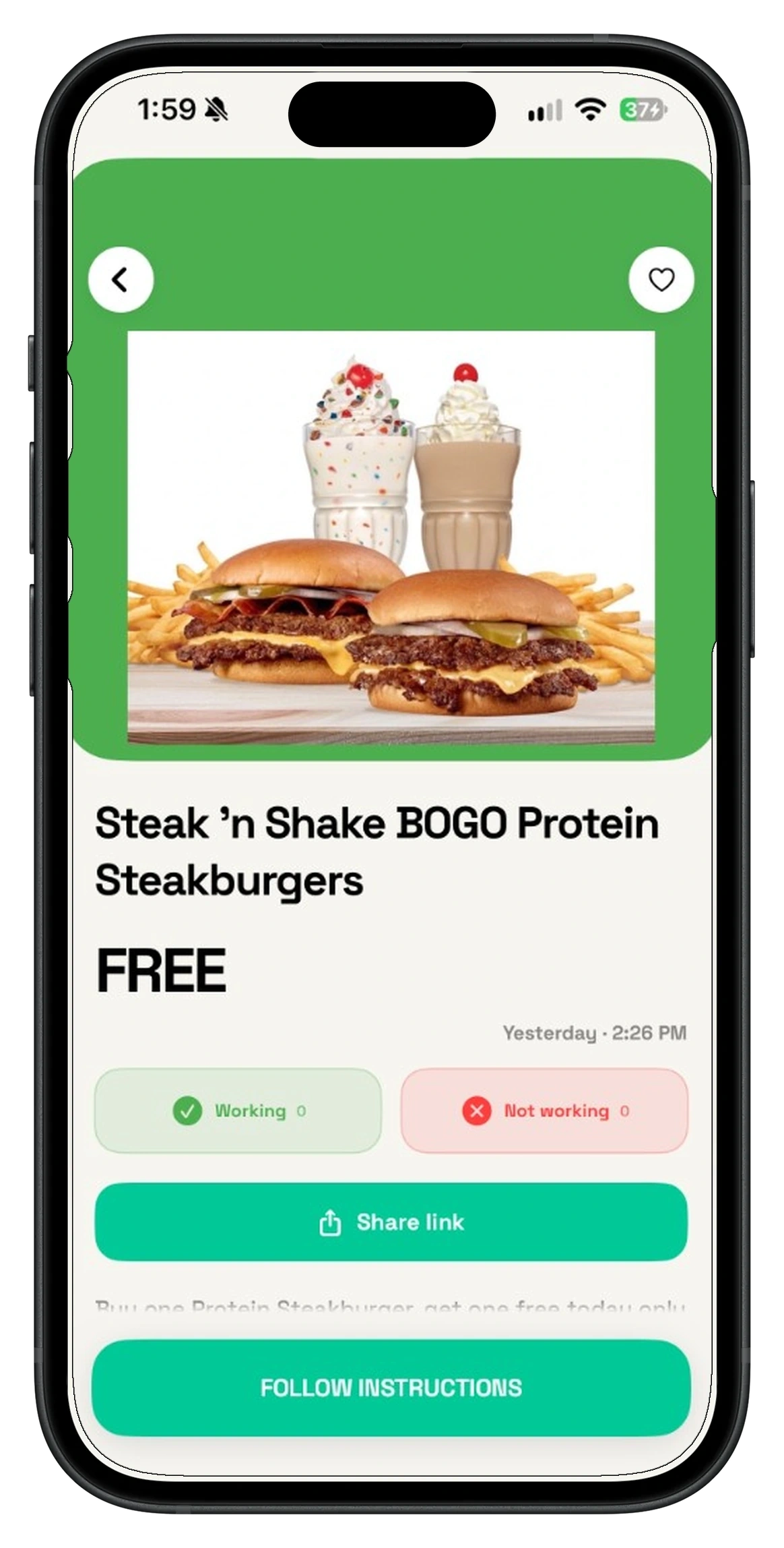 Price Errors app showing a Steak n Shake food deal