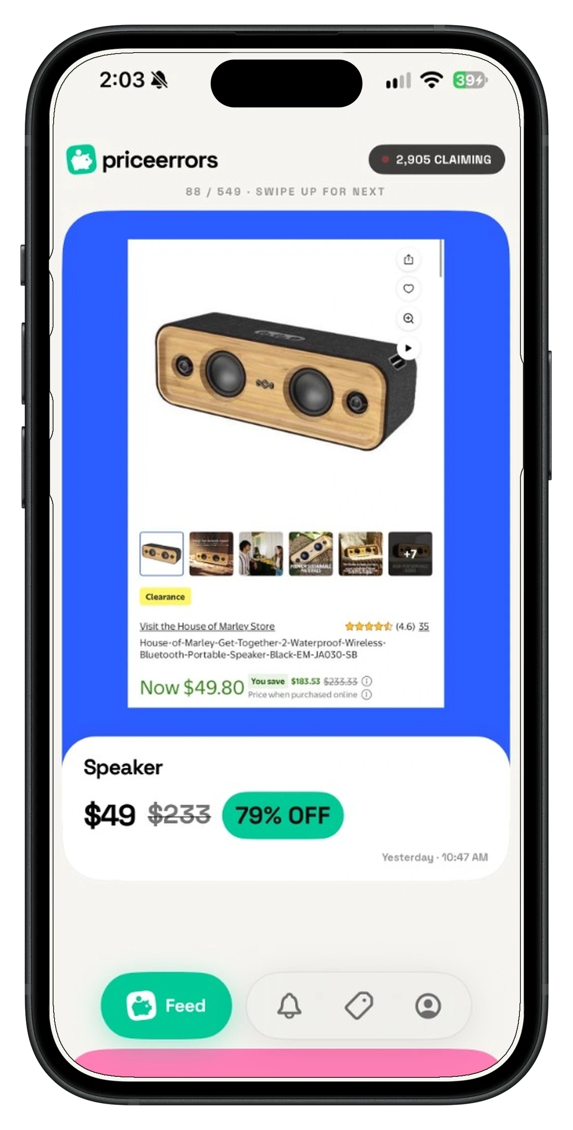 Price Errors app showing a House of Marley speaker price error