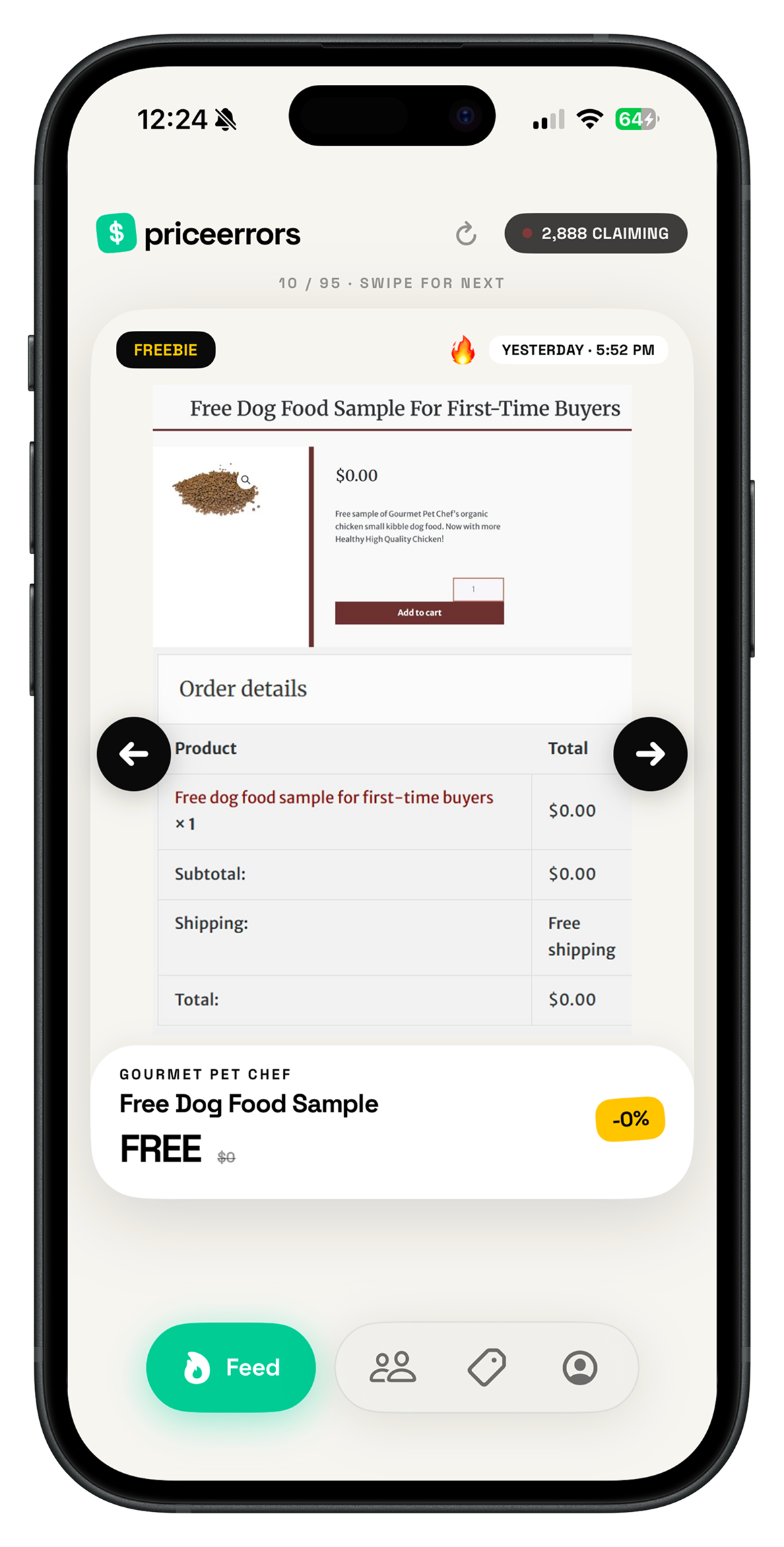 Price Errors app showing a free dog food sample deal
